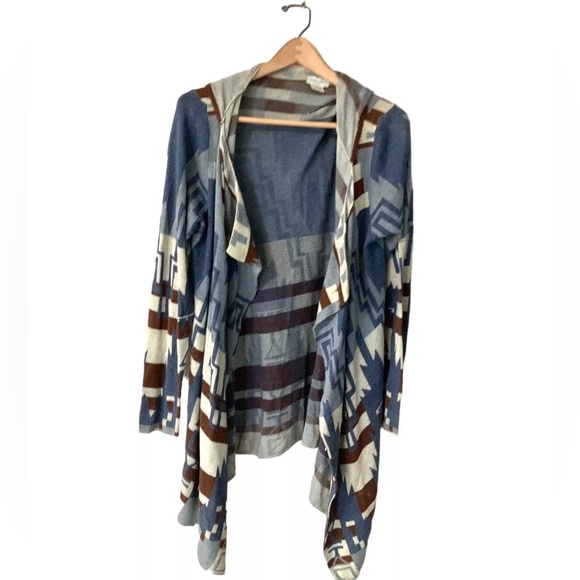 Tasha Polizzi Hoodie Cape Open Cardigan Blue Brown Medium Western Aztec 4T - Picture 2 of 4